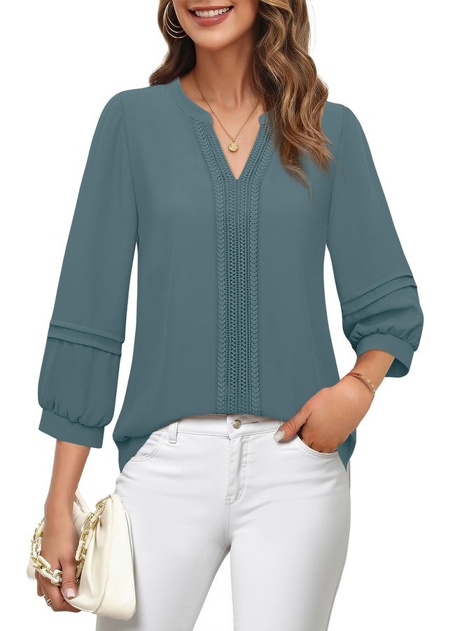 Unixseque Blouses for Women Dressy Casual: 3/4 Sleeve Work Tops for Women Office Womens Dress Shirts Business Attire Professional Formal Blouse Fall Interview Outfits Ladies Fall Clothes Blue - Image 2